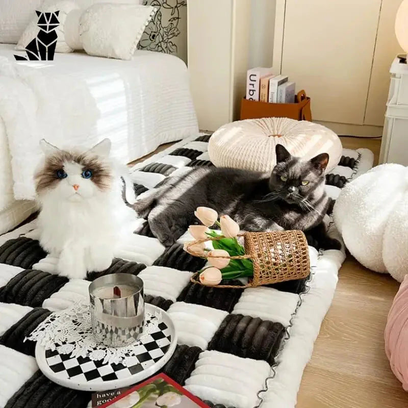 Deux chats sur un lit avec des couvertures mettant en valeur le style et la protection de la housse de canapé Cream Check