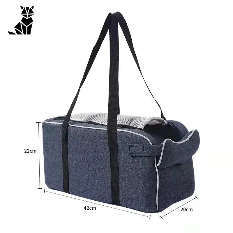 Grand sac bleu avec poignée noire et rayures blanches pour siège auto de voyage pour chats, siège auto